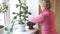 Woman caring for flowers on the windowsill