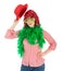 Woman in carnival costume with wig and bowler