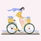 Woman carries flower boxes on bicycle. Color illustration.