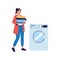 Woman carries things to washing machine. Female holding clean garment stack. Laundry equipment. Housewife loading