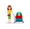 Woman Carry Luggage on Transportation Cart Vector