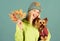 Woman carry yorkshire terrier. Take care pet autumn. Veterinary medicine concept. Health care for dog pet. Pet health