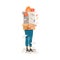 Woman Carrying Box with Piled Office Documents as Time Management Vector Illustration