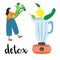 Woman is carrying celery for making detox drink in blender. Hand drawn flat cartoon vector illustration isolated on white