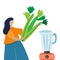 Woman is carrying celery for making detox drink in blender. Hand drawn flat cartoon vector illustration isolated on white