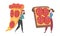 Woman Carrying Huge Pizza Slice and Sandwich with Salami Vector Set