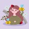 woman cartoon bee ladybugs flowers and spring