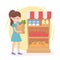 Woman cartoon with grocery paper bag and shelf food excess purchase