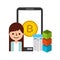 Woman cartoon smartphone bitcoin blockchain fintech