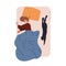 Woman and cat sleeping in bed together, top view. Girl and kitty pet asleep at night. Person dreaming, reposing