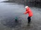 Woman catching Caplin fish with a net