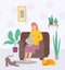 Woman with cats. Tired smiling girl want to relax. Cozy home with pets vector illustration. Woman with pets at home