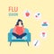 Woman caught cold flu or virus. She sneezing in handkerchief and has fever. Ways to treat illness in a circle around concept vecto