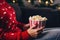 Woman Celebrating Christmas with Popcorn.