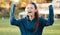 Woman, celebration and winner with excited athlete on a field for sport, game and workout. Training, yes and fitness