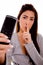 Woman with cell phone instructing to be silent