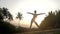 Woman changes trikonasana pose by tropical palms slow motion