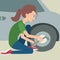 Woman changing a flat tire vector cartoon