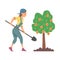 Woman Character in Cap and Jumpsuit with Shovel Cultivating Money Tree Vector Illustration