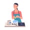 Woman Character Cooking at Home Making Dough Adding Eggs in Bowl Standing at Table Vector Illustration