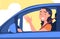 Woman Character Driving Car Sitting on Driver Seat Inside Vehicle Vector Illustration