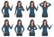 Woman character expressions with hands gesture, cartoon businesswoman wit different emotion