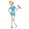 Woman character with foot prosthesis. The girl with prosthetic limb is engaged in fitness. Cartoon colorful illustration