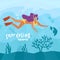 Woman character free diving or snorkeling underwater on sea bottom with corals and seaweed. Girl swimmer. Active recreation,