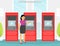 Woman Character Getting Cash and Making Payment with ATM Machine Vector Illustration