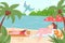 Woman character girlfriend together relax hot tropical country beach, lovely romantic outdoor place flat vector