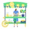 Woman character sell homemade lemonade, street market kiosk with lemon tree, self grown lime isolated on white, flat