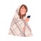 Woman Character with Smartphone Reading Shock Content or News Sitting Wrapped in Blanket Vector Illustration