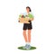 Woman character volunteer hold big box of foods. Food donation concept. Flat vector cartoon