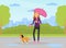 Woman Character Walking the Dog Under Umbrella in Rainy Day Vector Illustration