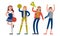 Woman Characters Sports Fan Holding Loud Speaker and Waving Hand Vector Illustration Set