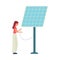 Woman charging phone on solar panel - renewable energy technology