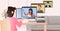 Woman chatting with mix race colleagues in web browser windows during video call online conference meeting