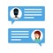 Woman chatting with robot vector illustration. Message boxes with user and chatbot avatars. Communication with