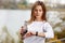 Woman checking fitness and health tracking wearable device.