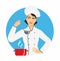 Woman chef in cap and uniform with a ladle in his hand. vector illustration, isolated on the blue round background