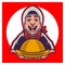 Woman Chef cartoon logo. Character woman muslim chef with smiling pose and holding silver cloche food meal plate platter. Happy