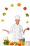 Woman chef juggling with fresh vegetables. Isolated