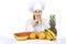 Woman chef over the table with fruits smiling. isoleted