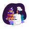 Woman chef presents Festive Cake with Blueberry Cream. Character in Chef Uniform and Cap holding Huge Pie