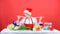 Woman chef santa hat cooking hold wooden spoons. Best christmas recipes. Christmas dinner idea. Try main meal. Easy