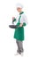 Woman chef in uniform holding frying pan - full length isolated