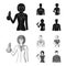 Woman chemist, football player, hotel maid, singer, presenter.Profession set collection icons in black,monochrome style