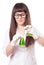 Woman Chemist pours liquid from a test tube in flask