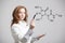 Woman chemist shows a molecular structure