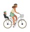 Woman and child on bicycle. Young happy mother with baby riding vector family activities illustraton